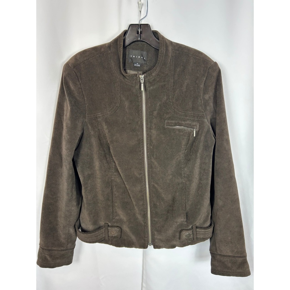 Tribal Brown Faux Suede Full Zip Mock Neck Moto Jacket Minimalist Size 12